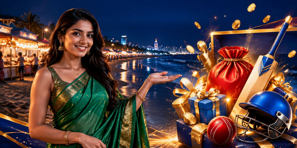 A young Indian woman enjoying cricket betting on mobile near Chennai Marina Beach
