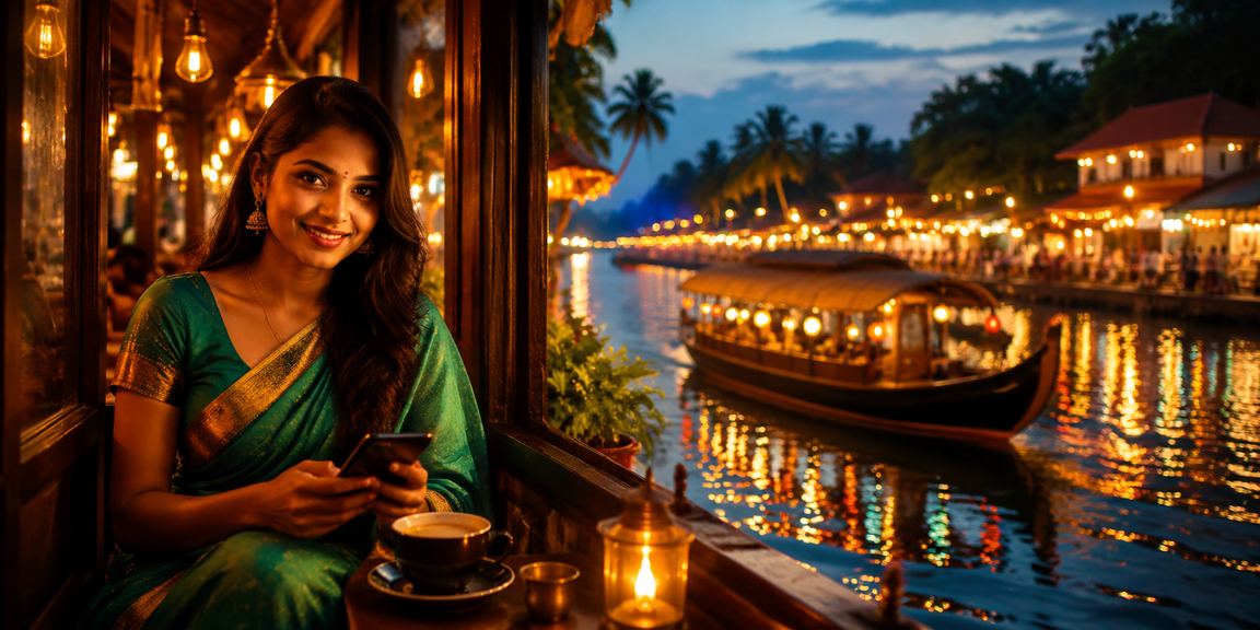 Kerala backwaters view with woman using mobile payments to buy lottery tickets